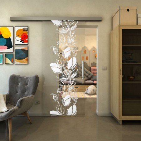 Glasschiebetür SLIM-LINE - Fineprint Model 086 Weiss auf Klarglas